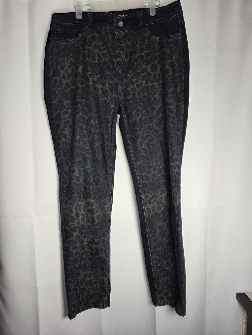 Chico's Brand Size 2 Metallic Cheetah Print Blue Gold Denim Jeans Women's 12/14